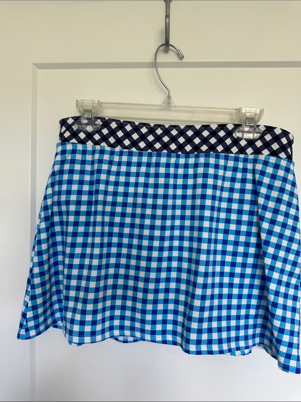 Lands' End Blue Gingham Skater Skirt with Black-and-White Waistband - Picture 1 of 9